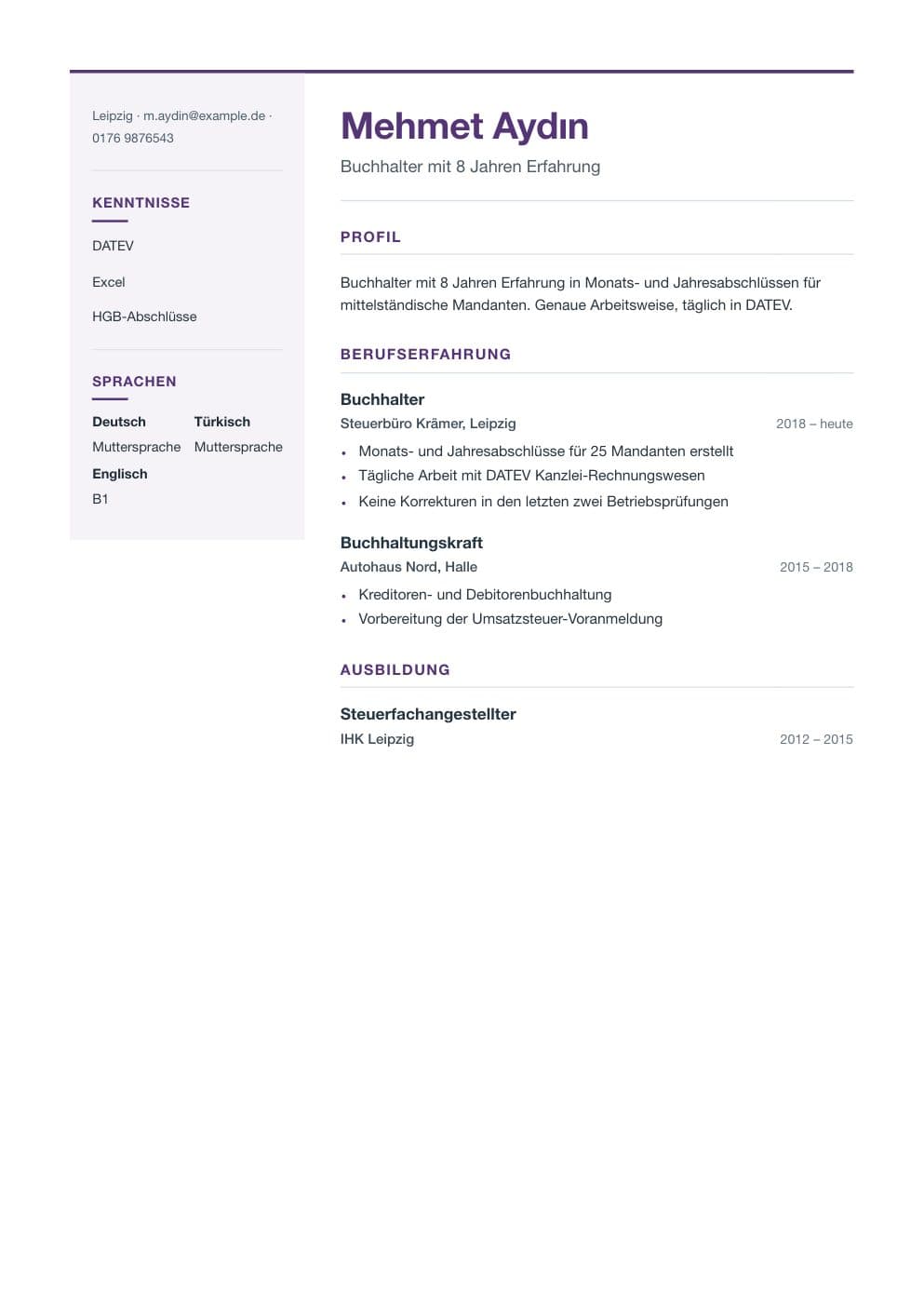 Example CV of an accountant, in German, two-column layout without photo