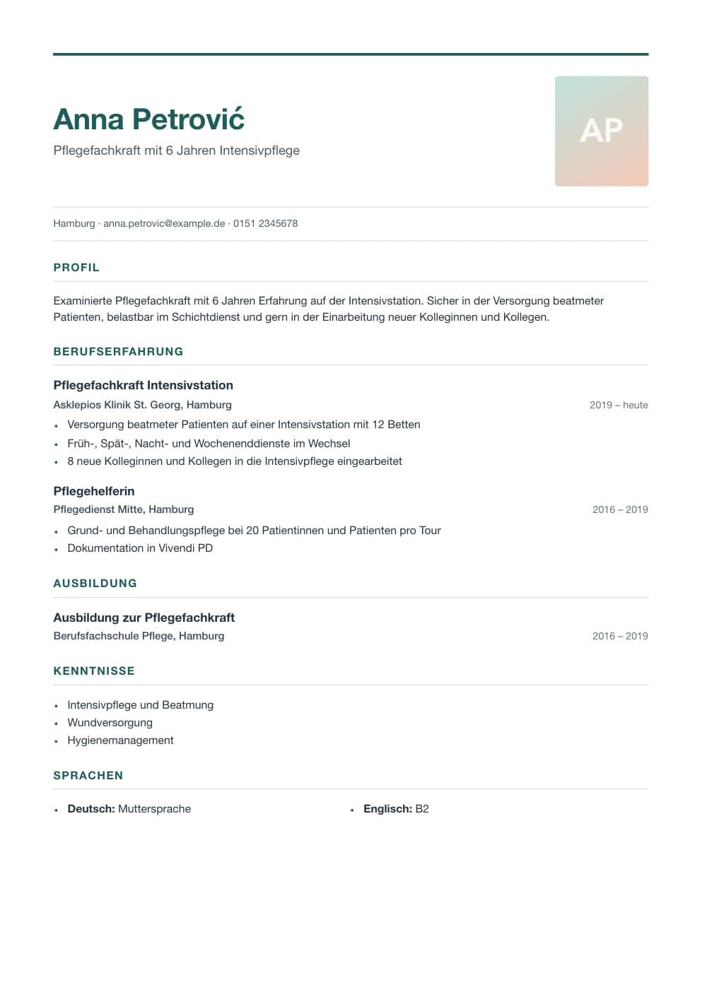 Example CV of a nurse, in German, modern layout with photo