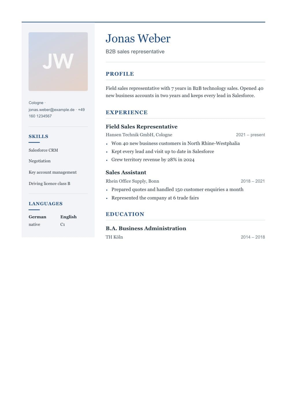Example CV of a sales representative, in English, classic two-column layout
